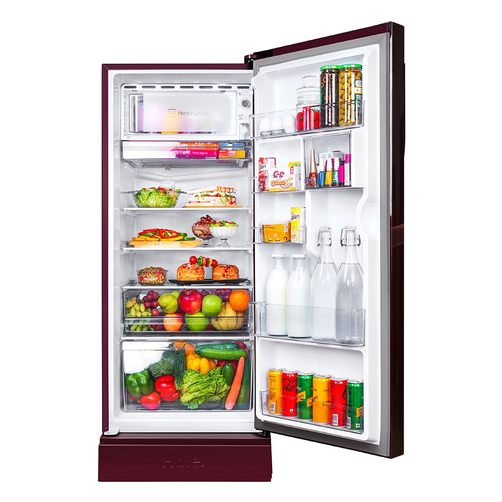 Haier 215L 5 Star Inverter Technology Direct Cool Single Door Refrigerator with Toughened Glass Shelf Base Drawer come sin stylish red opal Finish HRD-2355PRO-P